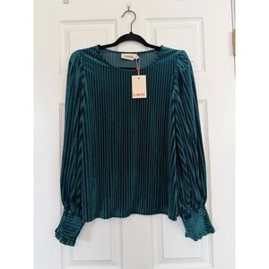 Louche London Elea Velvet Stripe Top Teal Green Smocked Cuff Blouse US 6 NEW